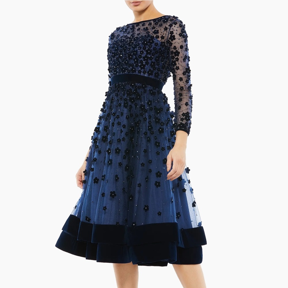 NWT Mac Duggal 67007 Midnight Navy Blue Embellished 3d floral Velvet Dress, sz 6